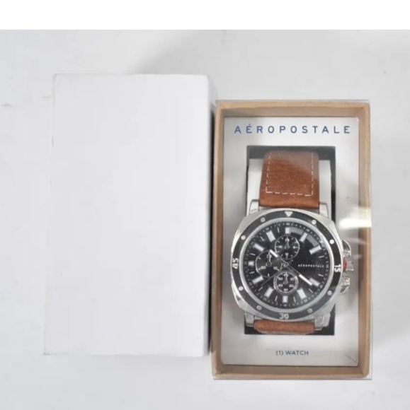 NWT Aeropostale Chronograph Analog Faux Leather Wrist Watch Brown Strap